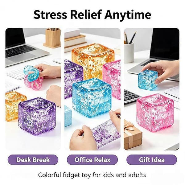 Ice Cube Squishy Fidget Toy, Långsamt stigande klämbar sensorisk leksak stressboll för ångestlindring Blå-Glitter Blue