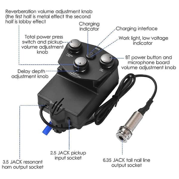 Akustisk Guitar Vibrations Pickup Bluetooth Reverb Delay Mikrofon Spillefunktion Guitar M2 Resonans Pickup Black