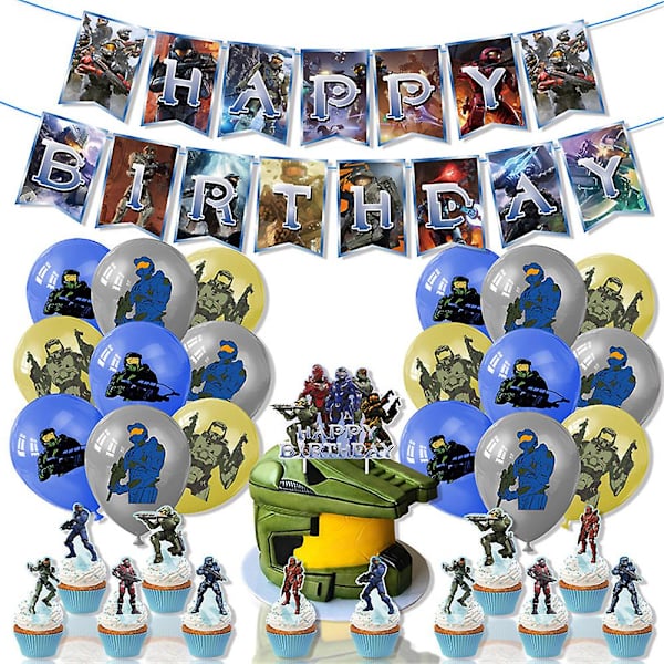 Halo Spiltema Tema Fødselsdagsfest Tilbehørssæt Inkluderer Banner Kage Cupcake Topper Balloner Sæt Dekoration