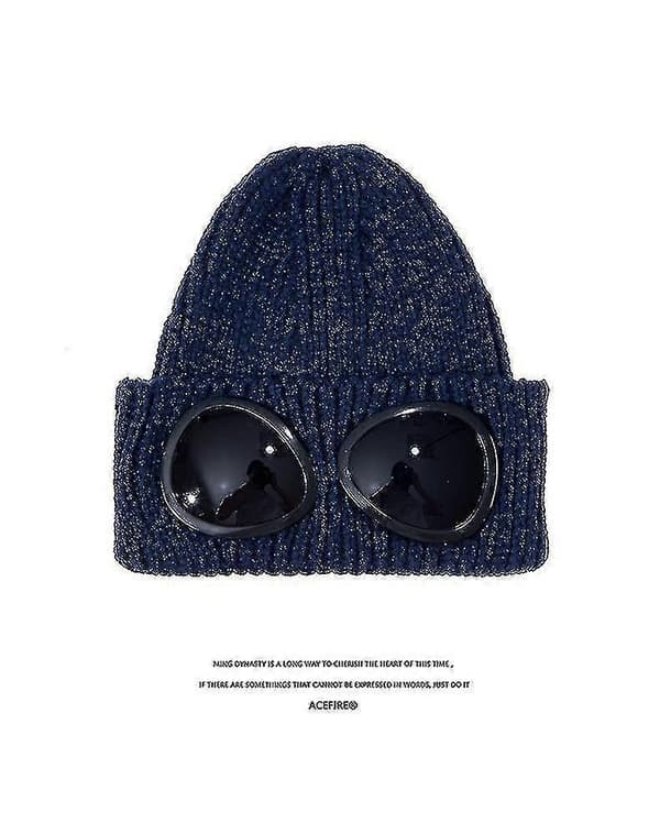 2022 016a BomullsStickad Lätt Goggle Beanie Hatt blue