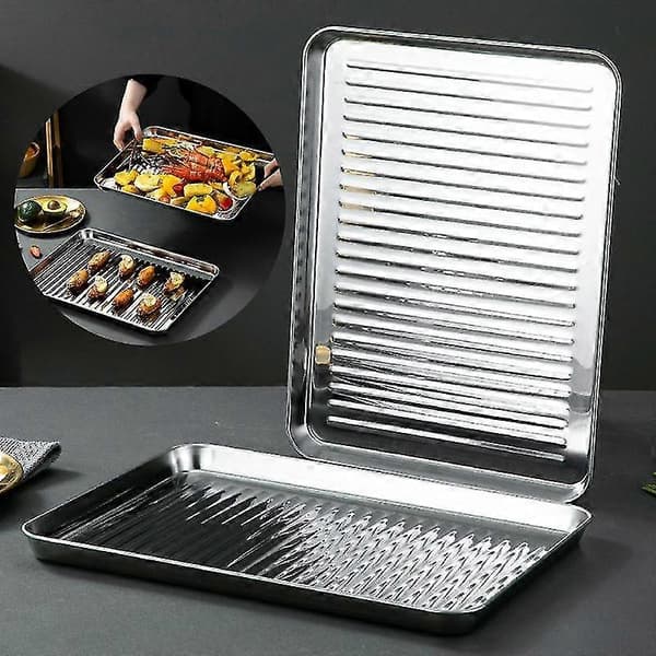 Bageplade i rustfrit stål med rist, non-stick kraftig varmebestandig rektangulær bageplade til bagning, stegning, grillning