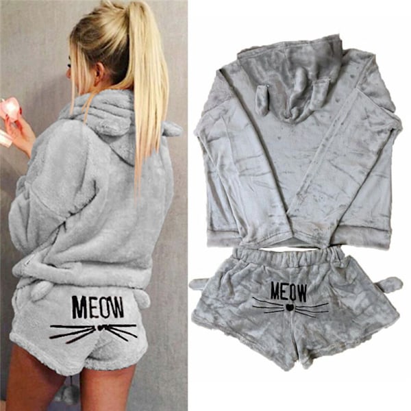 Dame Fleece Fluffy Pyjamas Nattøj Sæt Grå Grey XL