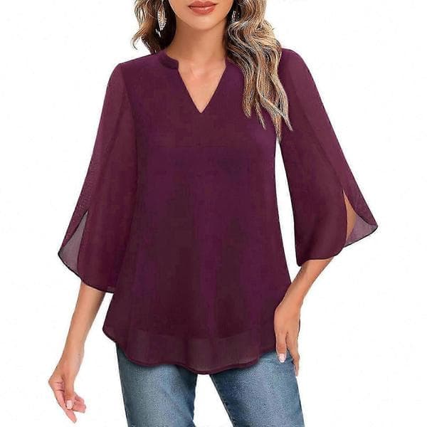 Dame Flæsebluser Afslappet V-hals Dobbeltlag Chiffon 3/4 Ærmer Toppe Sort Blue XL