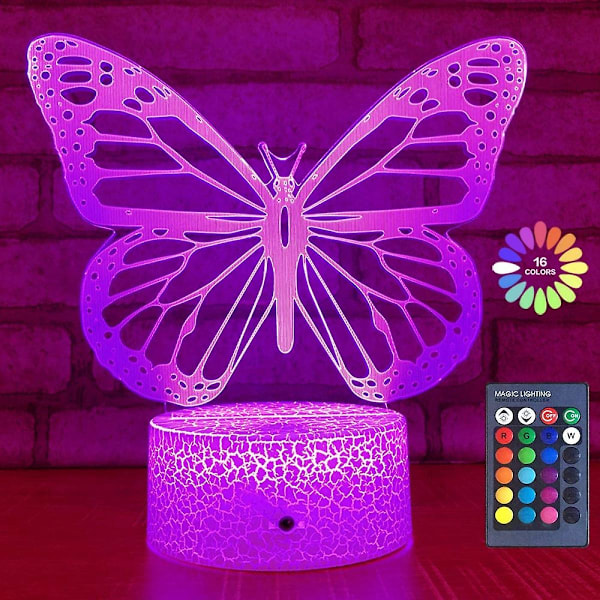 Fjärilsnattlampa, födelsedagspresent till flickor 3D Illusion Lamp Barn Sänglampa med 16 färger Ändrar Fjärrkontroll Fjärilsleksaker Flickgåvor