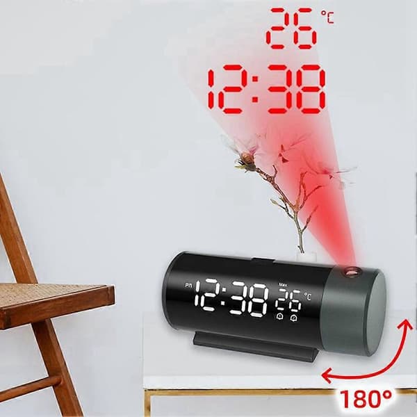 Projection Alarm Clock Digital USB Rechargeable Electronic Clock with 180° Rotating Projector 4 Levels Black