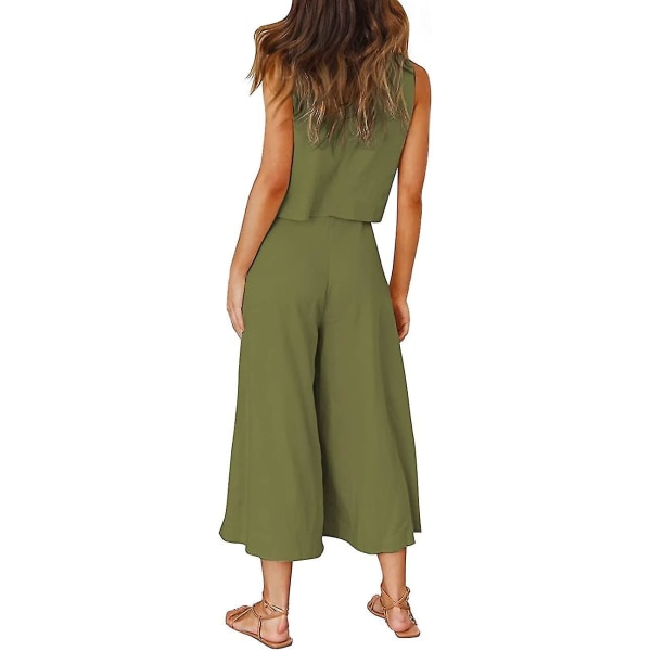 Roylamp Women's Summer 2-delade outfits Rundhalsad Crop Basic Top Beskuren Byxa Set med vida ben Jumpsuits Olive Green Small