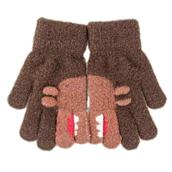 Mode stickade tjocka handskar för pojkar och flickor Djur tecknade tryckta varma senhöst kalla vinter helfingerhandskar brun Brown