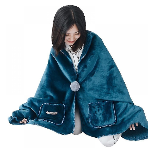 Pledd Supermyk Bløt Løstsittende Komfortabel Nattkjole Fleece Pledd Hettematte Voksen Blå