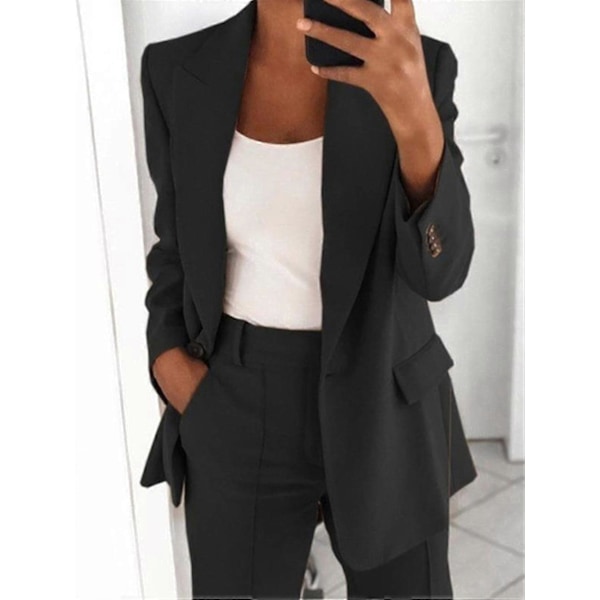 Dame 2-delt Outfit Blazer Sæt Elegant Business Arbejdstøj Vintage Klassisk Ensfarvet Rynket Ærme Åben Front Jakke Og Straight Leg Penci 4XL Black