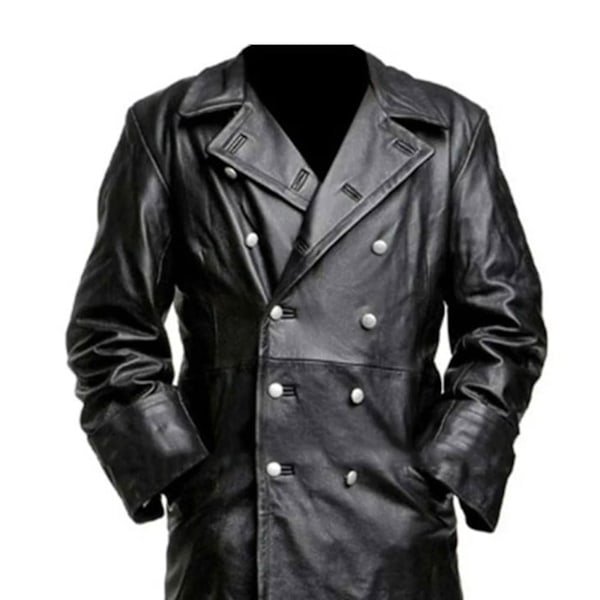 Tysk Klassisk Officer Ww2 Militär Uniform Svart Läder Trenchcoat Black L