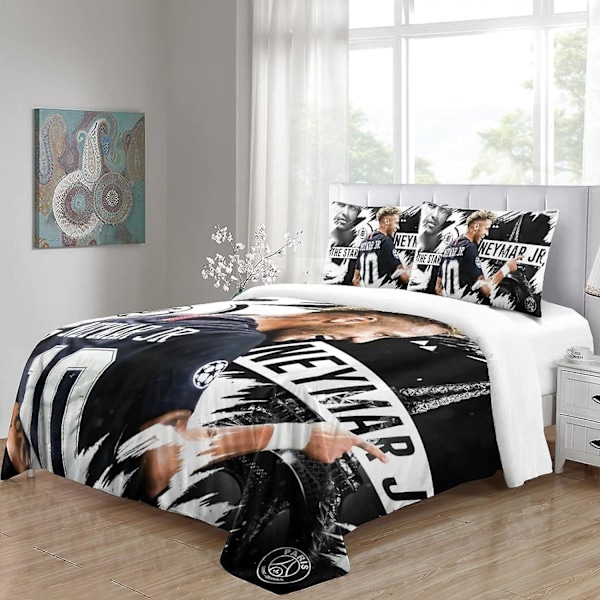 Neymar Täckeöverdrag Neymar VM Fotbollsstjärna Sängkläder Set Täckeöverdrag och Kuddfodral Mjukt Färgfast Andningsbart 3D Tryckt Täckeöverdrag S Single135x200cm