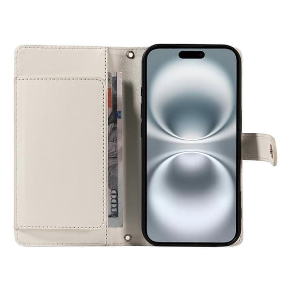 For iPhone 16 Lommeboketui med stropper, Rombe Lær Stativ Telefondeksel White White