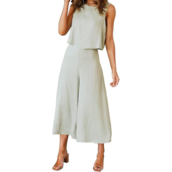 Roylamp Sommer-outfits til kvinder i 2 dele Rundhalset Crop Basic Top Beskåret Bukser med brede ben, Jumpsuits Light Green X-Small