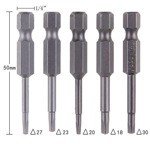 5 st / set magnetiska triangulära skruvmejselbitar S2 stål 1/4 sexkantskaft 50 mm