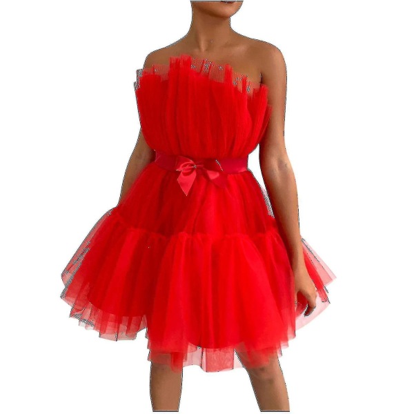 Kvinnor Tyllklänning Ärmlös kort klänning Solid Mesh Princess Steapless Party Dress_y Red 38