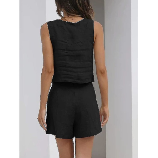 Naisten 2-osaiset asut yhteensopivat setit, pellavashortsit Crop Topit set Black M
