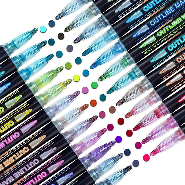 Shimmer Markers Doodle Outline Dazzles: 24 färger Metallic Double Line Glitter Pens Set Super Squiggles Sparkle Dazzlers