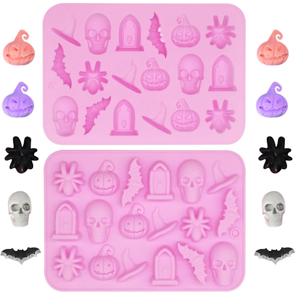 Halloween Silikonform, 18 hulrum Halloween chokoladeform slikform græskar flagermus edderkop hat gravsten form til slik, DIY A6-WSDTMJ (Pink)