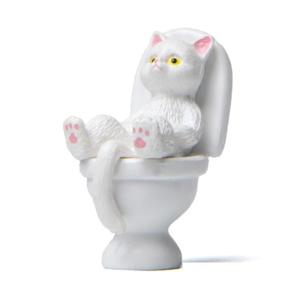 Sød killing kat sidder på toilet ornament pvc statue figur skrivebord dekoration White 1Pc