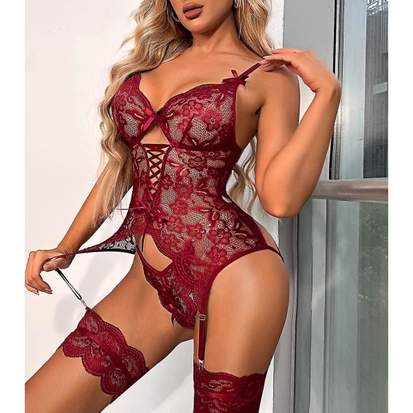 Donnalla Dam Sexiga Underkläder Set Med Strumpeband Bält Spets Body Teddy Med Trosa Medium Wine Red