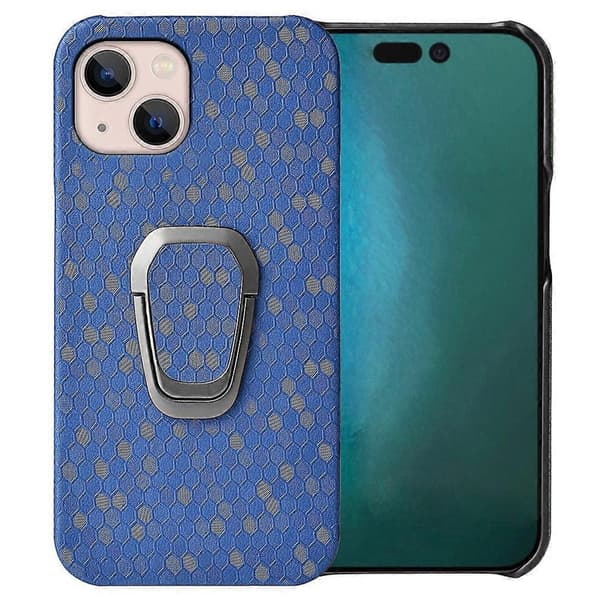 For iPhone 14 Plus Ringholder Honeycomb PU Telefondeksel Navy Blue