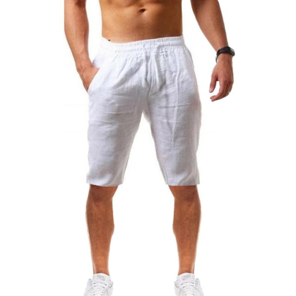 Väljät hengittävät pellavapuuvillashortsit miesten urheiluun ja vapaa-aikaan White XL