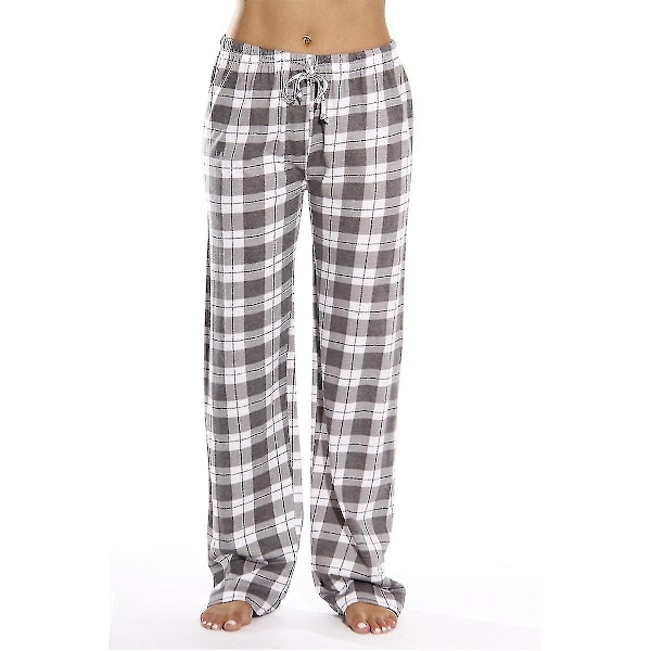 Dame Plaid Bukser med Lommer Myke Flanell Plaid Pyjamasbukser for Kvinner CNMR Grå-WELLNGS grå gray S