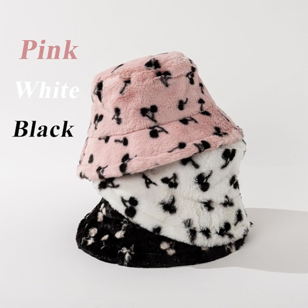 Fuzzy Bucket Hat for Kvinner og Menn - Plysj, Fluffy, Vintervarm, Morsom Fiskehatt Cherries-white