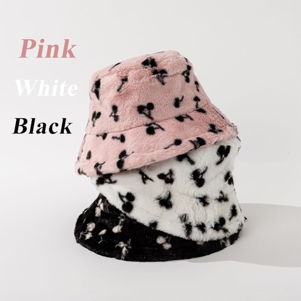 Fuzzy Bucket Hat för Kvinnor och Män - Luddig, Söt Bucket Hat för Vinter, Varm Plysch, Fiskehatt, Fluffig Sherpa, Rolig Hatt Cherries-pink