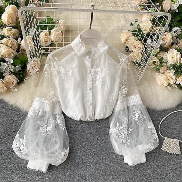 Syksyn Uusi Ranskalaistyylinen Vintage Paksu Verkko Pitsi Kolmiulotteinen Kirjonta Blousit Naiset Puff Hiha Keiju Paita Yläosa Valkoinen White