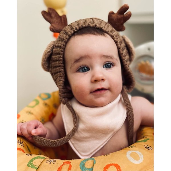 Søt Hjorte-Elg Hodeplagg Babyhatt Vinter Varmt Plysj Strikket Ørevarmer Bonnet Gutter Jenter Caps Beanie med Hakestropp Coffee One Size