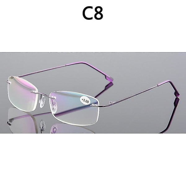 Innfatningsløse lesebriller menn Titanium Alloy Fold Kvinner Square Eyeglasses C8 -2.00