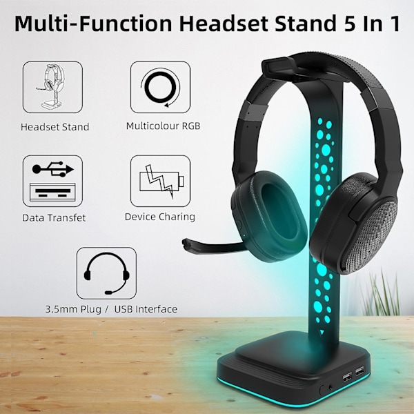 RGB Gaming Hodetelefonstativ, Hodetelefonstativ med 3,5 mm AUX og 2 USB-ladeplasser, Stativ for Gaming-hodetelefoner for skrivebord med gummiunderlag