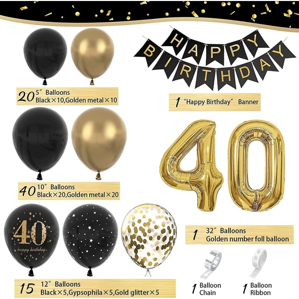 40. miehen naisten syntymäpäiväjuhlakoristeet, hyvää syntymäpäivää Garland Balloon mustakultakoristeet