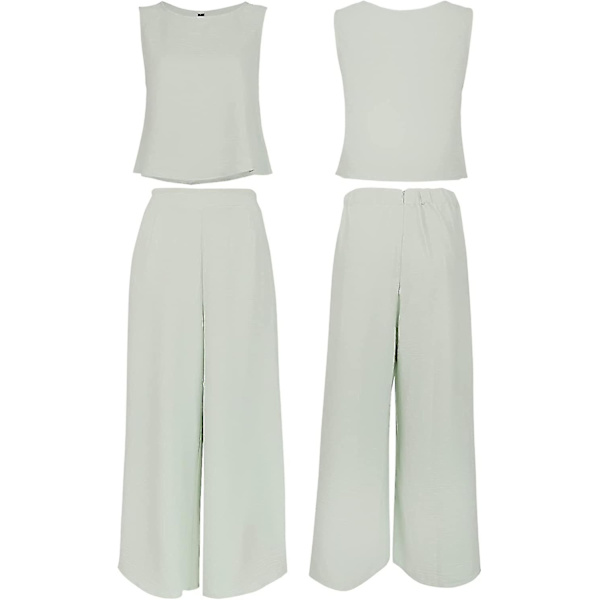 Roylamp Sommer-outfits til kvinder i 2 dele Rundhalset Crop Basic Top Beskåret Bukser med brede ben, Jumpsuits Light Green X-Small
