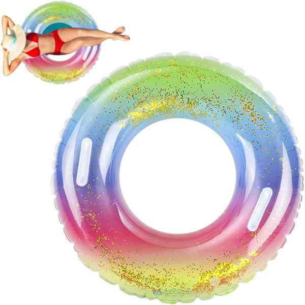 Simring Vuxen Uppblåsbar Pool Floats Simring Regnbåge Paljetter Flytande Ring med Handtag Uppblåsbar Simrör