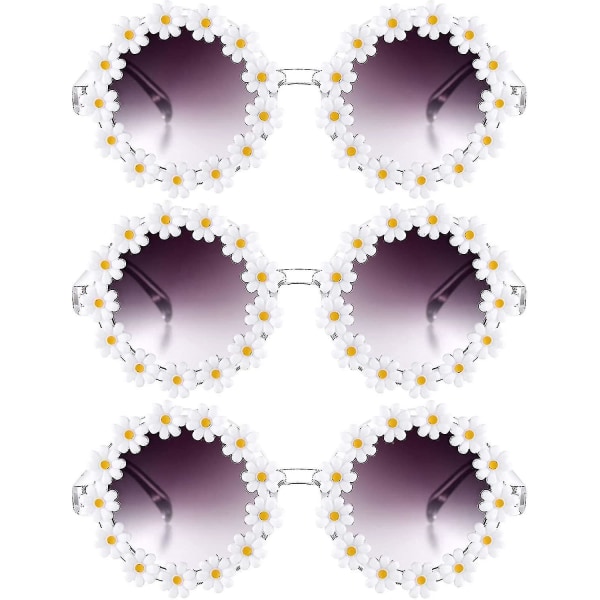 3 pakker Retro Daisy solbriller for kvinner Blomster runde disco solbriller Nye blomsterbriller for voksne barn -aoba