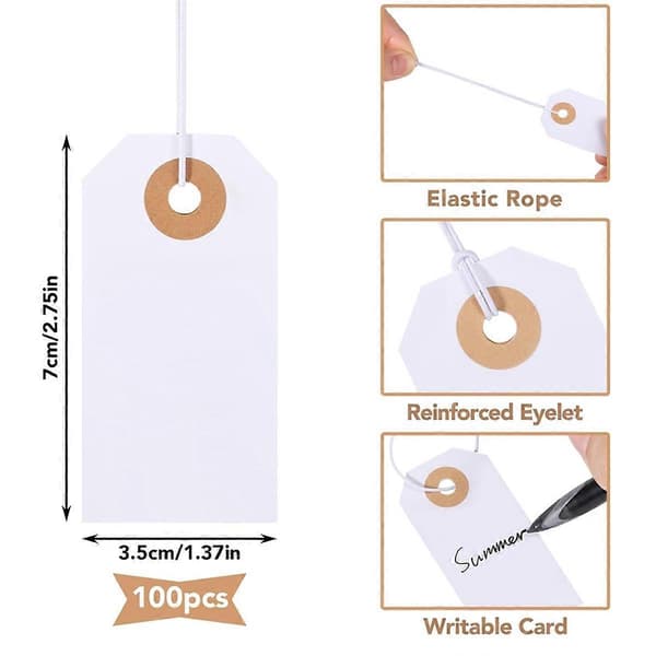 100 stk. blanke mærker med elastisk snor, mærkningsmærker fastgjort, forstærket hul, skrivbare blanke mærker 7x3,5 cm