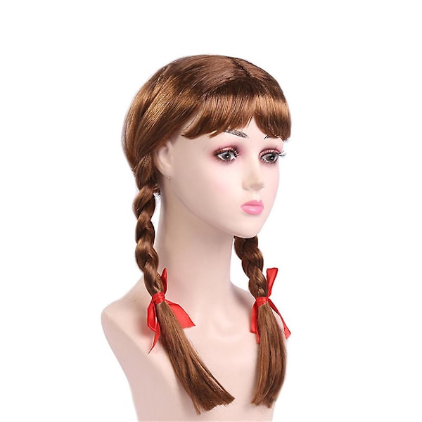Halloween Annabell skräckdocka kostym peruk för kvinnor lång brun flätad accessoarer cosplay peruker med röda rosetter