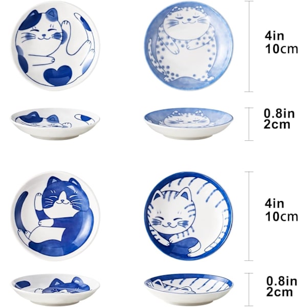 4 stk. 4 tommer Søde Kat Sojasovsfade, Keramiske Katteskåle, Japanske Kattetallerkener, Dipfade, Snackfad (4 tommer)