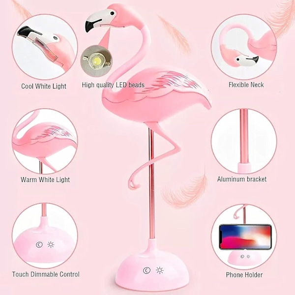 1 stk. Flamingo skrivebordslampe, sød lyserød lampe Kawaii skrivebordstilbehør, lys 360° fleksibel hjem soveværelse stud