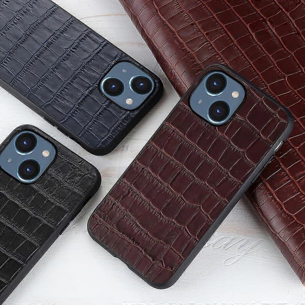 Krokodiltextur Äkta Läder Telefonfodral för iPhone 14 Black