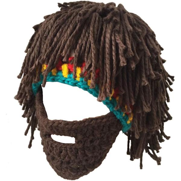 Skæghat Håndlavet Strikket Viking Hat Sjov Beanie Paryk Hat Skægmaske Brown