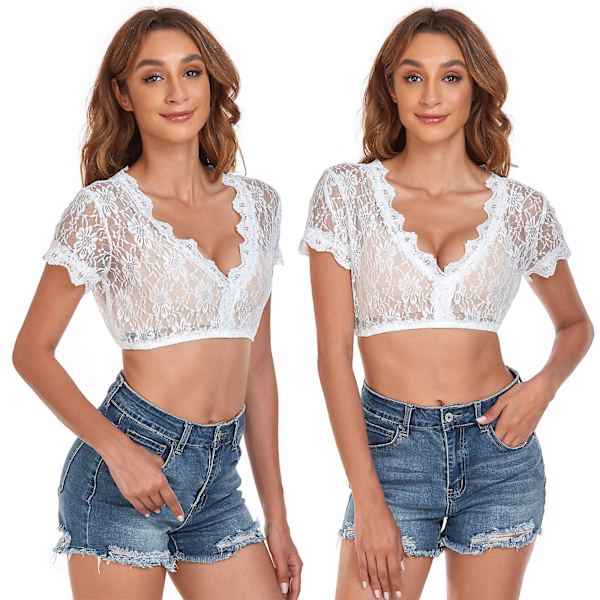 2023 Uudet päivitetyt Dirndl-puserot, Naisten tyylikäs Dirndl-pusero pitsillä, lyhythihainen perinteinen pusero Oktoberfestiin, klassinen Oktoberfest White  short sleeve 34