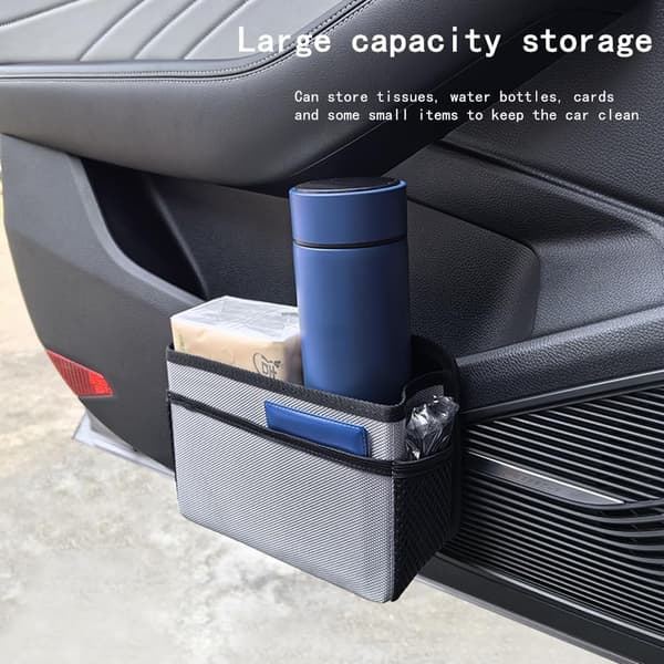 Grey Foldable Multifunctional Car Trash Can, Hanging Storage Box with Trash Bag, Multi Pocket Design for Home and Office