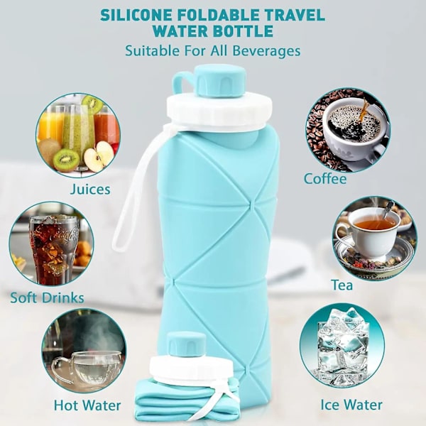 600 ml sammenklappelige silikonekrus, sammenklappelige silikonevandflasker, genanvendeligt bærbart krus-sæt til picnic, camping, udendørs vandreture og rejser Blue