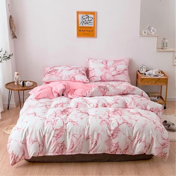 3 delar set polyester marmorerat påslakan örngott sängkläder EU dubbelstorlek (rosa)