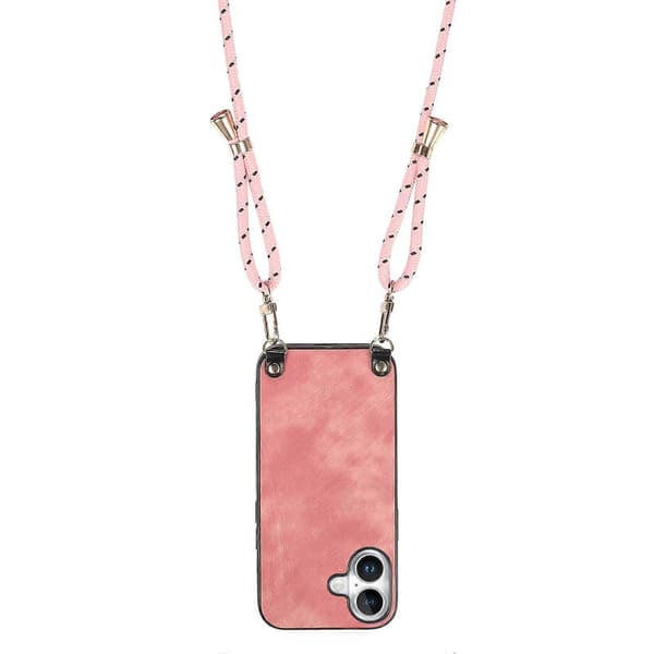 Retro skinndeksel til iPhone 16 med justerbar stropp Pink