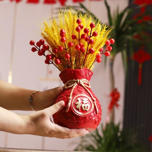 Harts Lucky Bag Vas Torkat vete Blomsterarrangemang Långvarig underhållsfri dekoration konstgjorda vetestamlar Red B