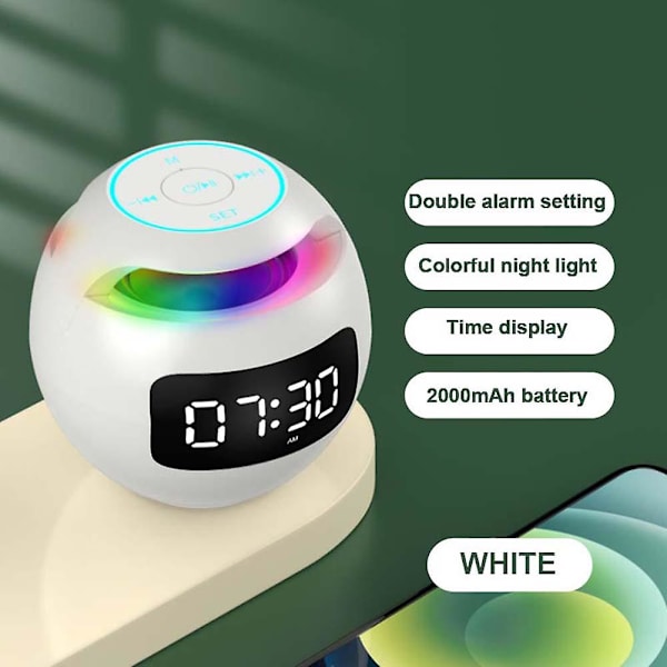 Mini Bluetooth kaiutin Langaton Bluetooth äänilaatikko LED-näytöllä Herätyskello Hifi TF-kortti MP3-musiikkitoisto (valkoinen) White